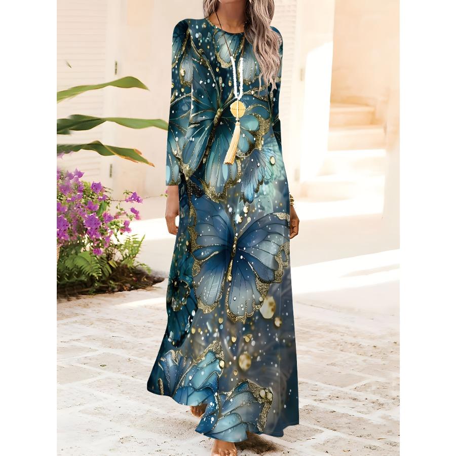 Butterfly Blue Gold Shiny Print Vacation Dress for Women Long Sleeve Round Neck A-Line Midi Dress Summer Beach Party Outfit