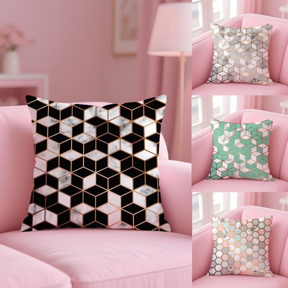 Hexagon Marble Pattern Cushion Cover Plush Fabric Soft Double-Sided Printed Sofa Warm Winter Home Gift Pillow Cover