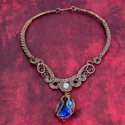 Faceted London Blue Topaz Gemstone Necklace Copper Wire Wrapped Necklace Handmade Jewelry Rainbow Moonstone Necklace Copper Jewelry for Gift