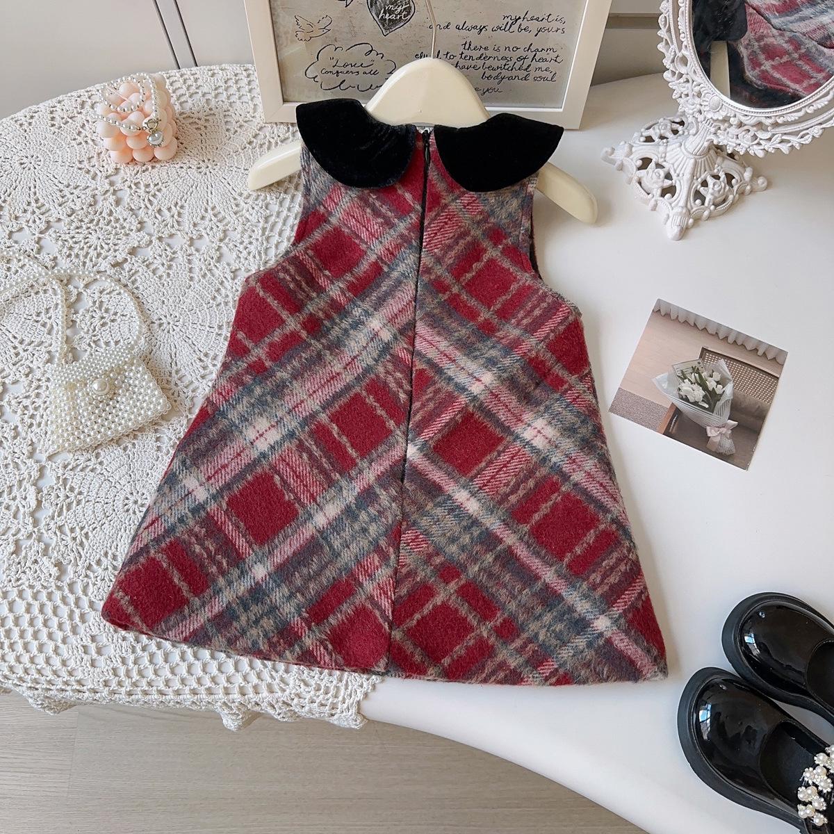 Girls  Retro Plaid Pinafore Dress - Korean Style Sleeveless Winter Fashion (AWB066) Size 140