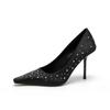 2025 Frühling und Herbst Neue Französische Schwarze Kleine Quadratische Spitze High Heels Damen Professionelle Pendler Strass Dünner Absatz Satin Einzelne Schuhe Damen