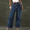 Womens High Waist Wide Leg Jeans Dark Blue Cross Design Straight Long Pants