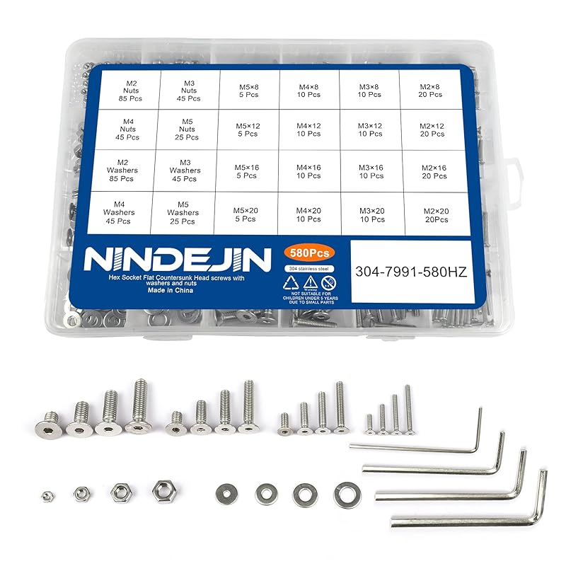 NINDEJIN Metric Button Head Socket Cap Screw Bolts & Flat Washers & Nuts Assortment Kit M2 M3 M4 M5 Stainless Steel Machine Screws Set and Wrench,