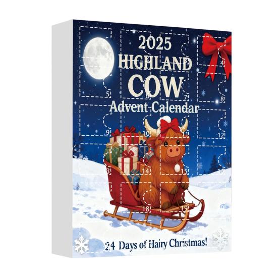 Highlandská kráva Adventní kalendář 2025 24denní krabička pro odpočítávání Vánoc s ozdobami Multifunkční dekorace na stromeček a sváteční zábava pro děti