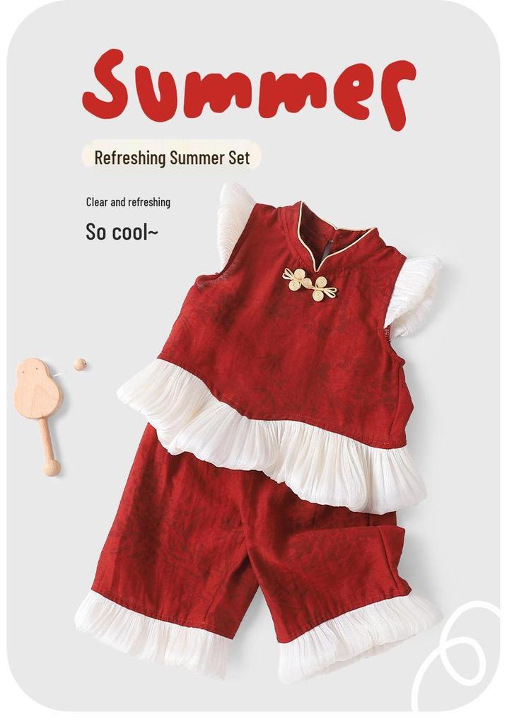 Youqi Chinese-Style Baby Girl Red Outfit - Summer Birthday Set