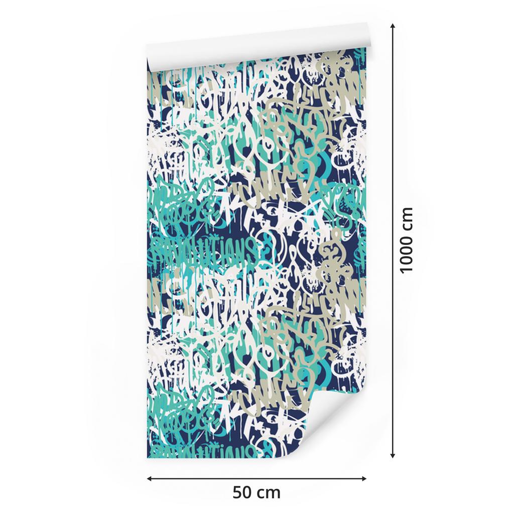 Graffiti Wallpaper In Shades of Blue for Living Room and Bedroom 50x1000