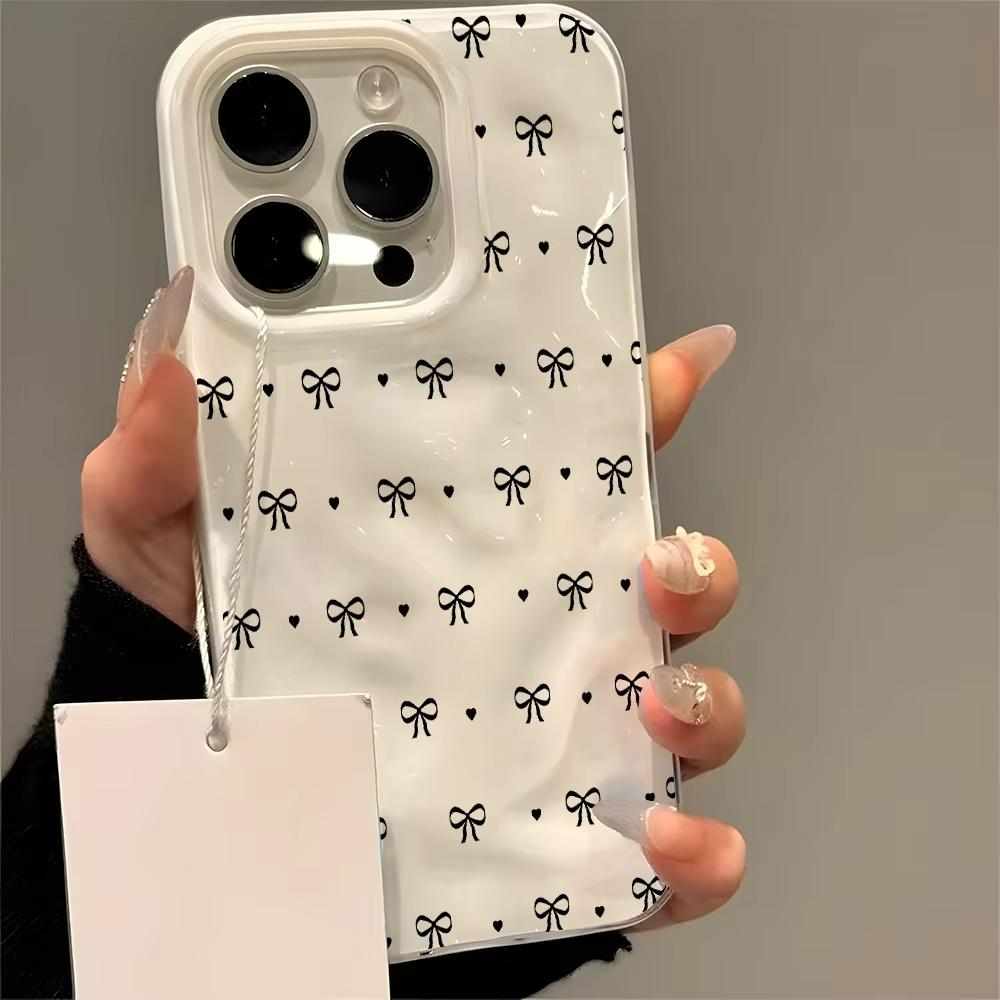 Pretty Bow And Heart Pattern Wave Texture Phone Case For iPhone 11 12 13 14 15 16 17 Pro Max 14 15 Plus 17 Air Soft Back Cover