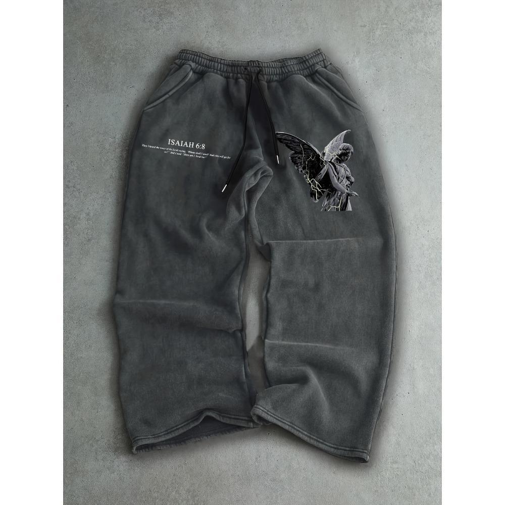 Men's Drawstring Waist Printed Pants, Angel Printed Sports Pants, Comfortable and Stylish Casual Daily Wide Leg Pants