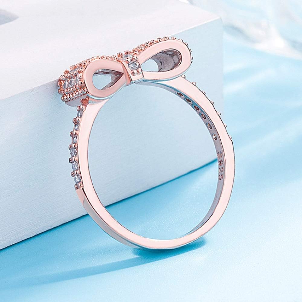 Lovely Bow Ring for Women Rose Gold with Clear Cubic Zirconia Pave Bridal Statement Anniversary Engagement Wedding Promise Romantic Band Ring