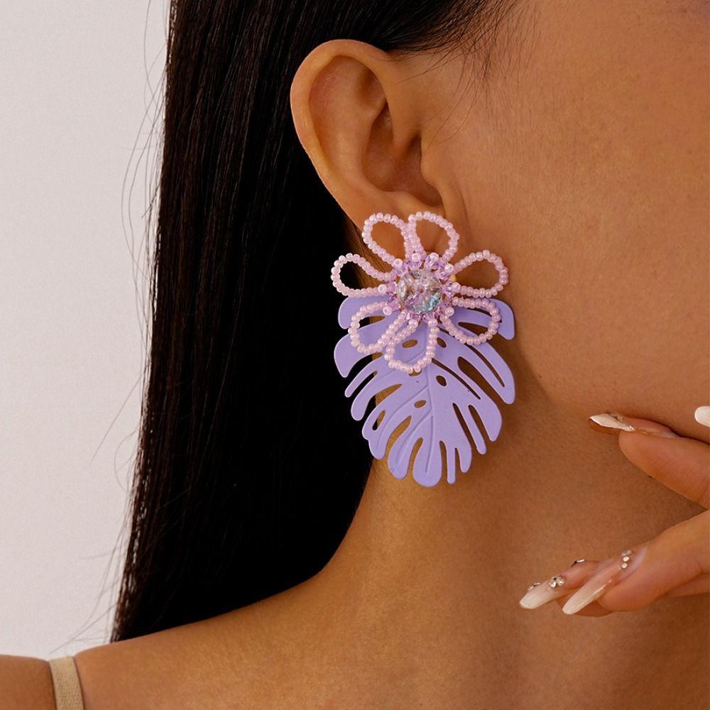 Exaggerated Beaded Flower Earrings Hollow Out Purple Flower Earrings Leaf Drop Earrings  Women