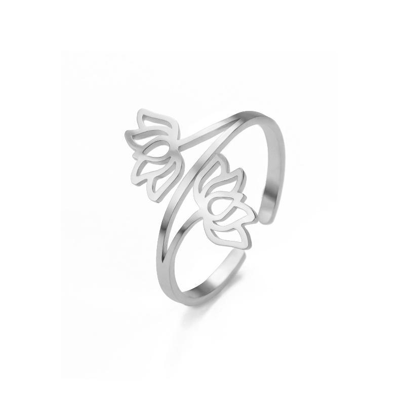 Delicate Lotus Open Ring for Women Stainless Steel Adjustable Thin Band Finger Ring for Casual Daily Wear Gift for Mom