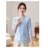 Women's Chinese Style Embroidered Blouse Stand Collar Frog Button Half Sleeve Sheer Chiffon Top for Daily