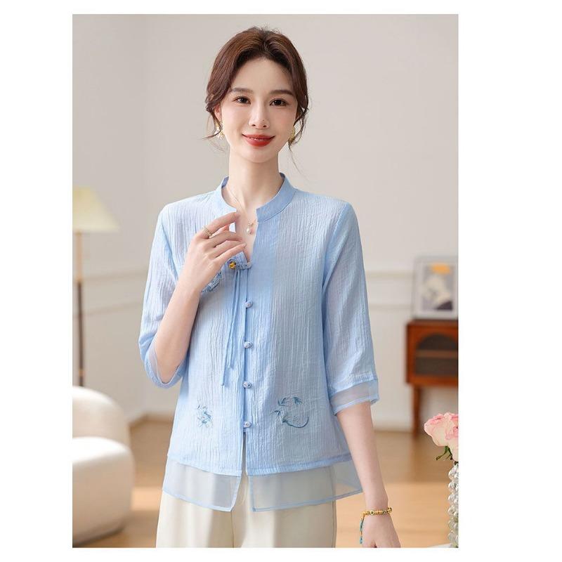Women's Chinese Style Embroidered Blouse Stand Collar Frog Button Half Sleeve Sheer Chiffon Top for Daily