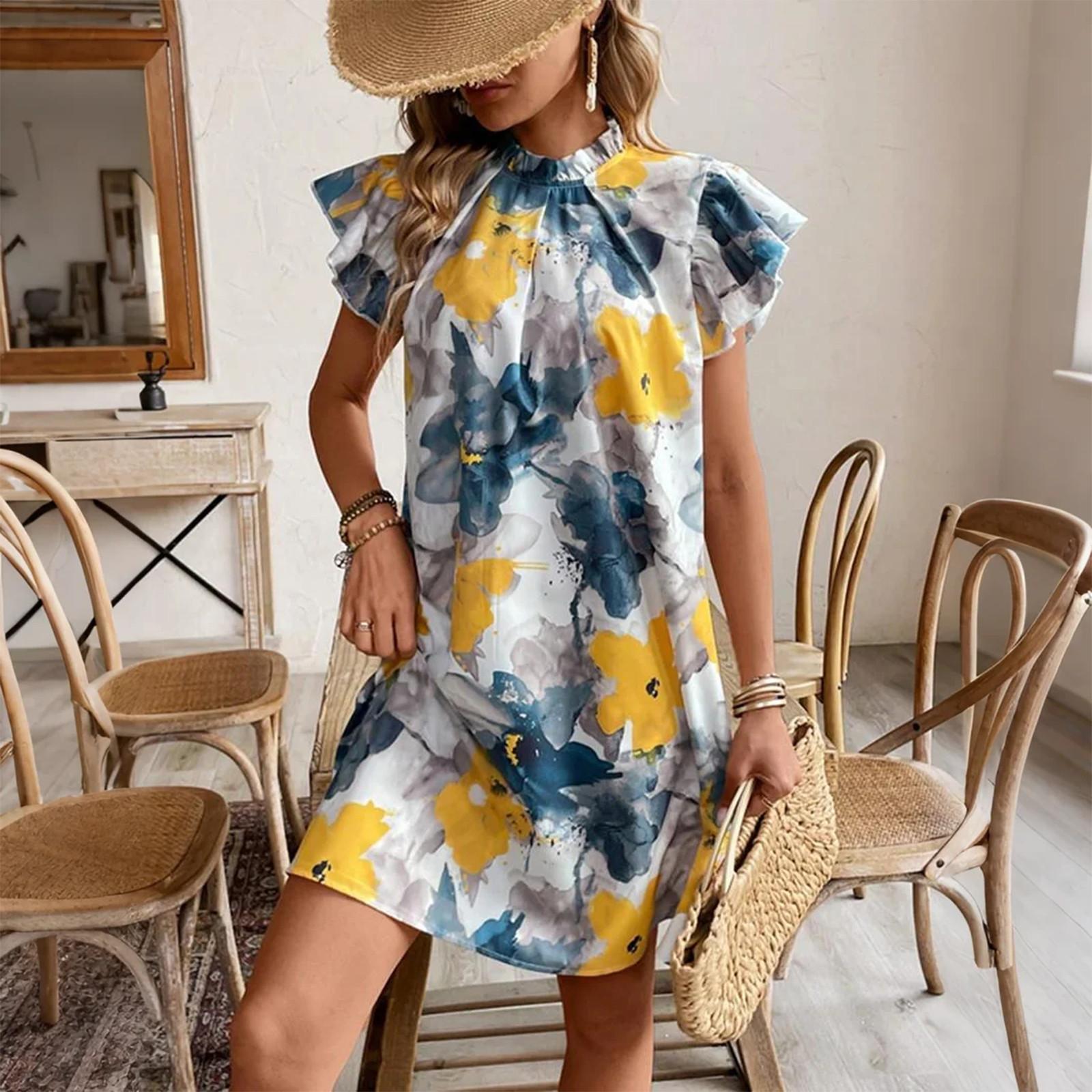 

Летнее платье: Повседневное платье с коротким рукавом и круглым вырезом M синий