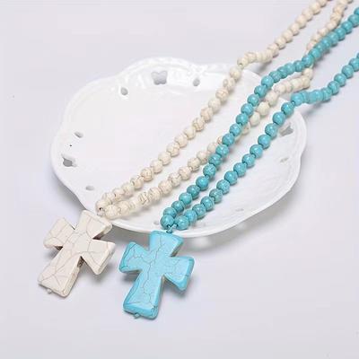 JMXD-Bohemian Ethnic Wind Cross Necklace Handmade Beaded Turquoise Long Necklace Simple Wind Cross Pendant