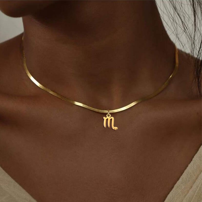 18K Gold-Plated Fashionable 304 Stainless Steel Zodiac Necklace with Flat Snake Chain, Colorfast.