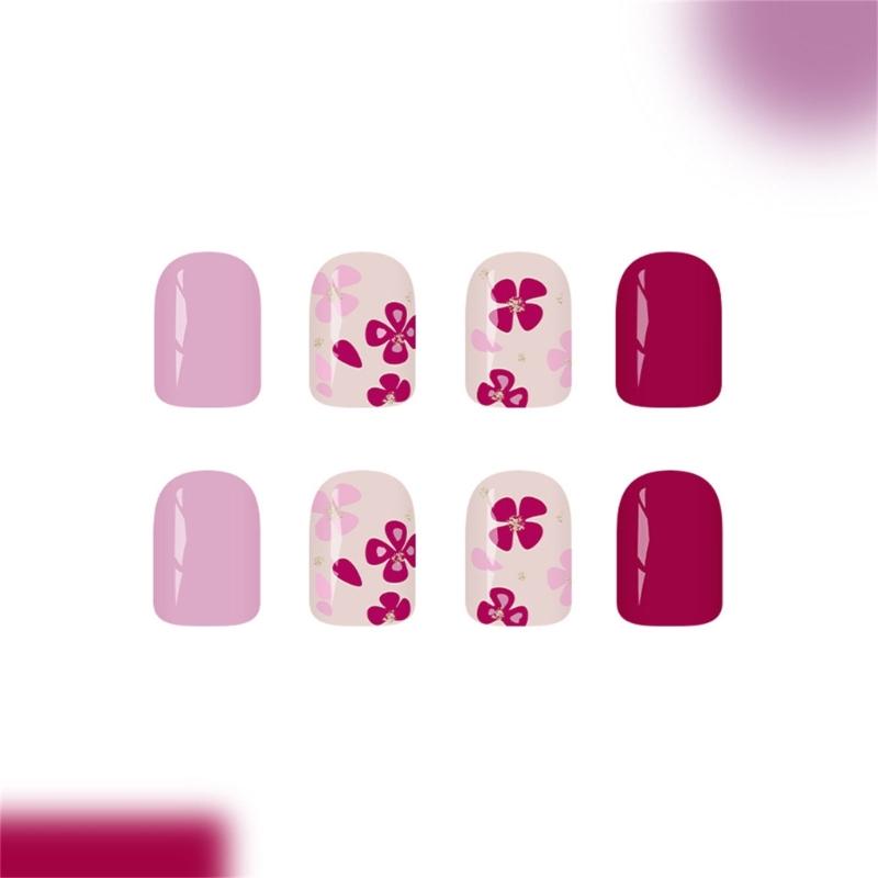 24pcs Glossy Square False Nail Purple Flower Glittering Design Nail Art for Daily Wear and Parties Manicure