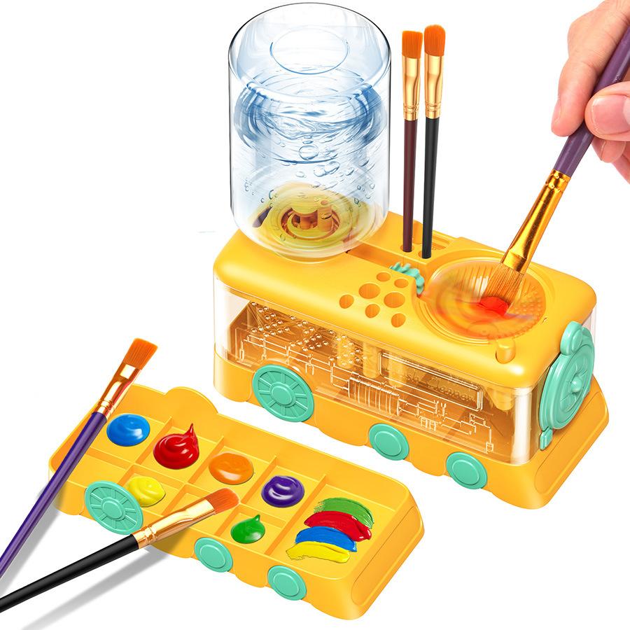 4-in-1 Train-Shaped Automatic Paint Brush Rinser with Water Circulation System, Detachable Palette & Brush Holder