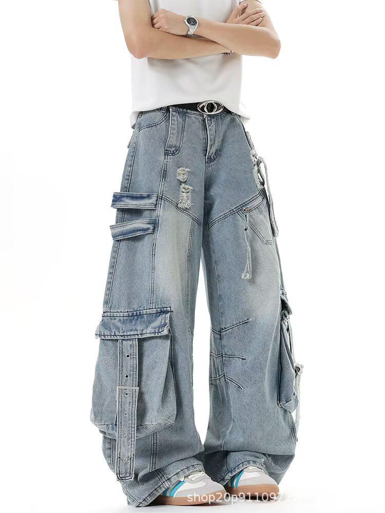 Unisex Deconstructed Ribbon Cargo Denim Jeans - Trendy Autumn Ripped Wide-Leg Multi-Pocket Style for High Street