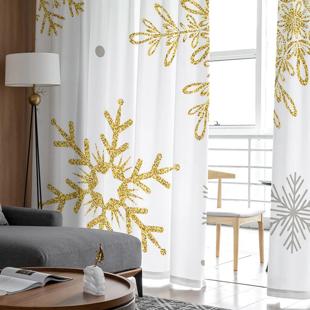 Christmas Golden Snowflake Texture Sheer Curtains For Living Room Bedroom Tulle Curtain For Kitchen Voile Curtain Blind Panels