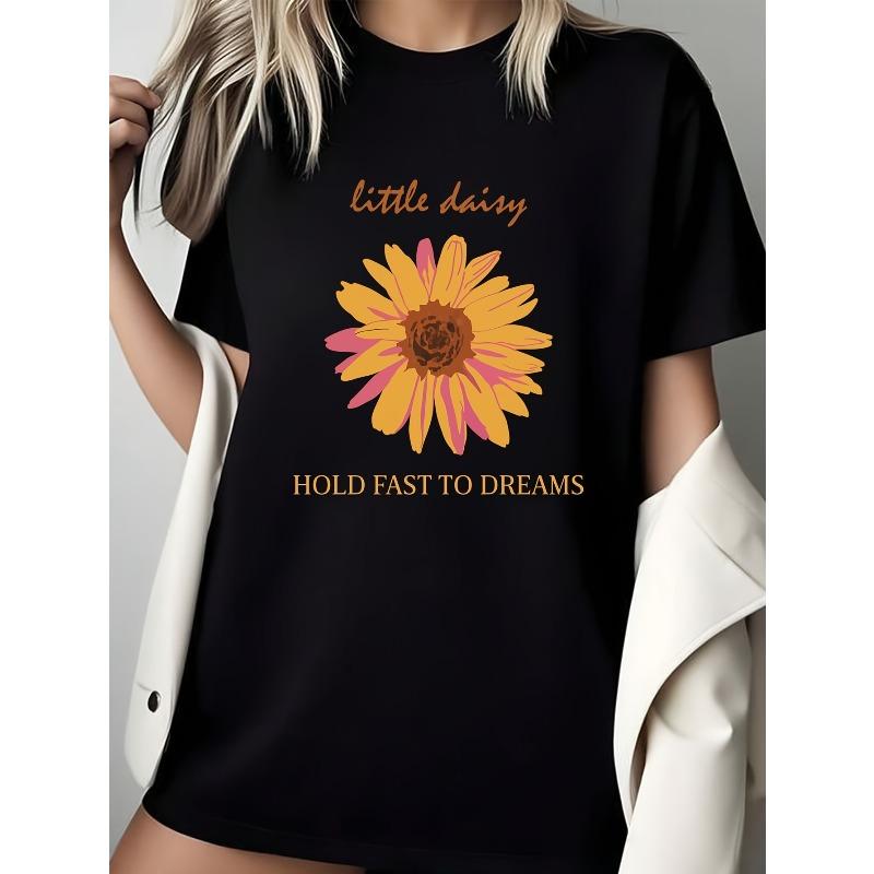 

Retro Daisy Print T-Shirt Women S Summer Loose Short-Sleeved Pure Top Trendy Ins Style Personalized Text T-Shirt 4XL чорний