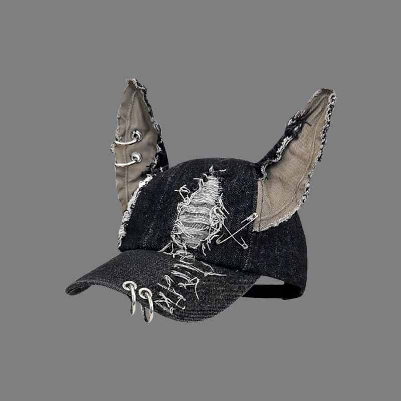 Distressed Denim Cat Ear Baseball Cap, Ripped Frayed Hat with Safety Pins & Metal O‑Rings, Punk Gothic Streetwear Hat for Halloween Cosplay Party
