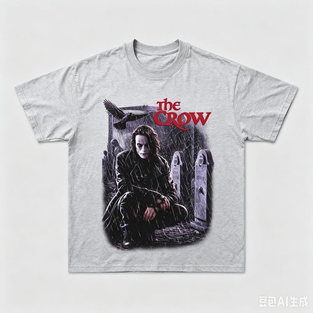 Black Cemetery Rain Male Ghost Portrait Graphic Tee Red Gothic Movie Header Chest Oversized Street Tops