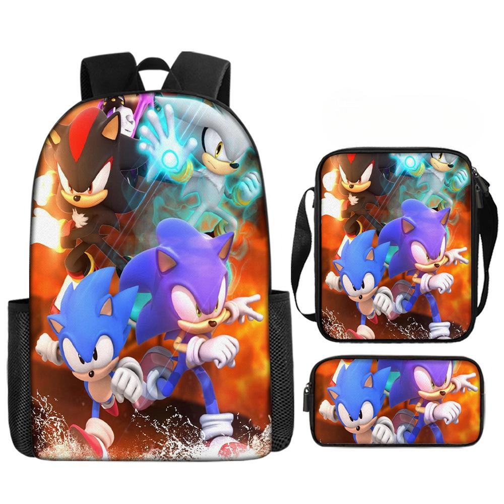 Cartoon Sonic Backpack, Primary And Secondary School Schoolbag, Messenger Bag, Pencil Case Three-Piece Set