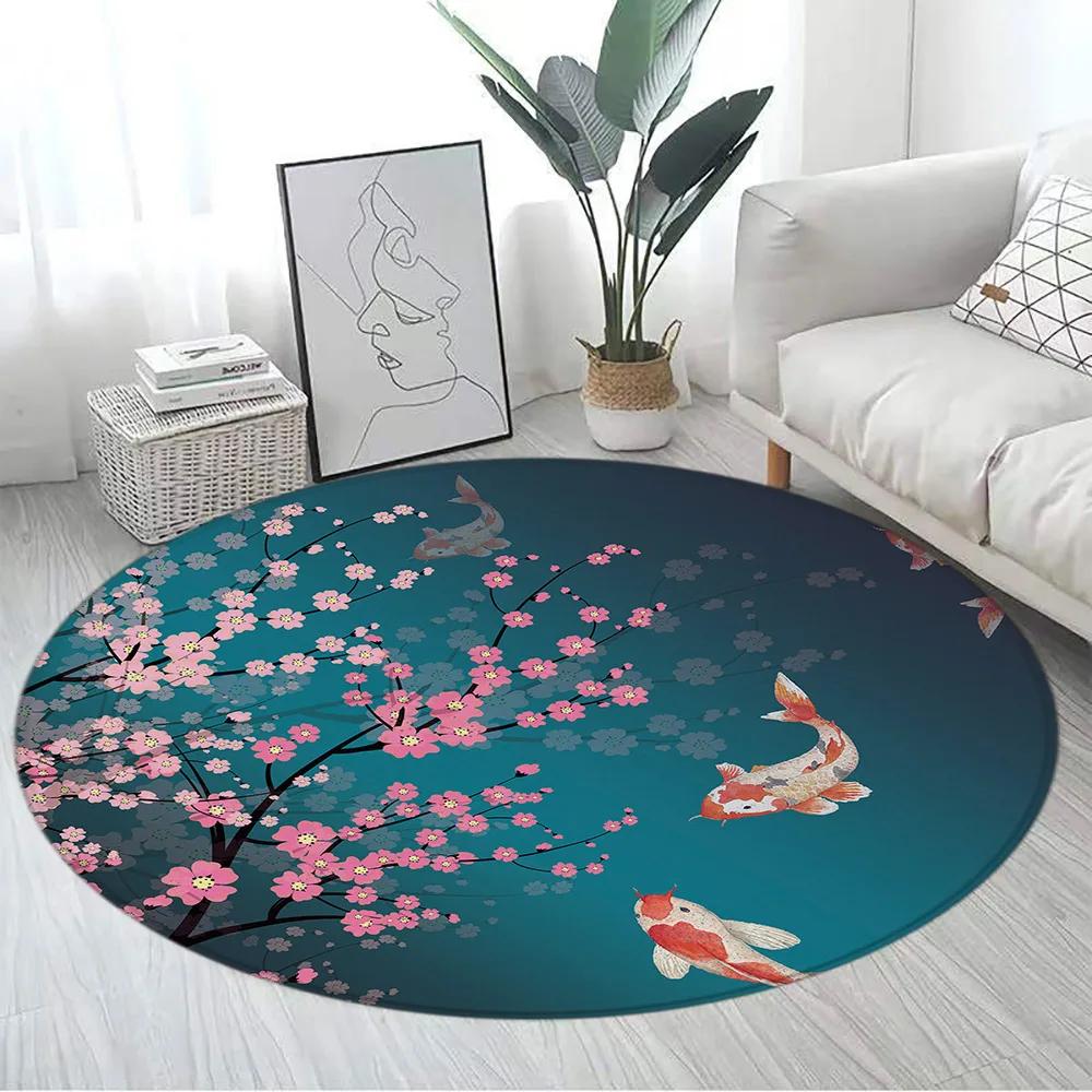 Japanese Style Round Carpet Mountain Cherry Blossom Koi Octopus Lotus Sea Waves Ink Art Living Room Home Decor Mats Floor Rugs