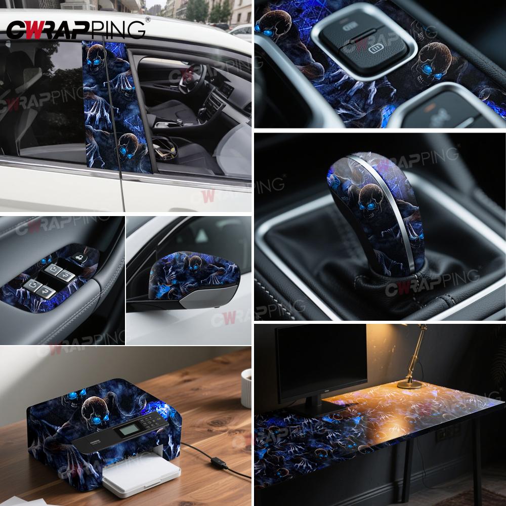Car Stickers Blue Skull Wrapping Foil Cover Air Release Foil Automotive Vinyl Wrap Waterproof Body Film Auto Outdoor Accessories