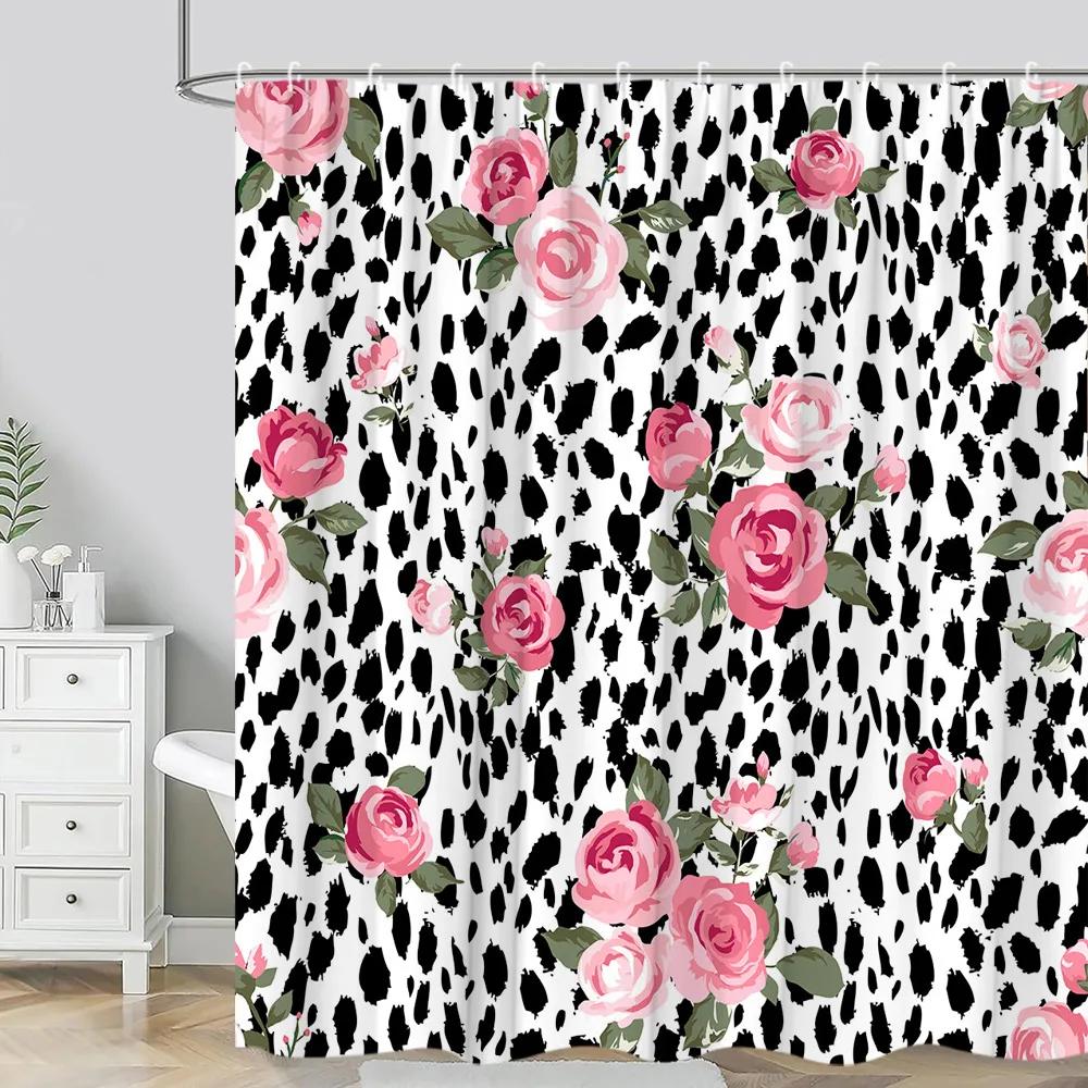 

Leopard Textured Shower Curtain, Vintage Striped Brown Floral Creative Geometric Modern Plants Polyester Bathroom Decor Curtain 90x180cm-35x70in