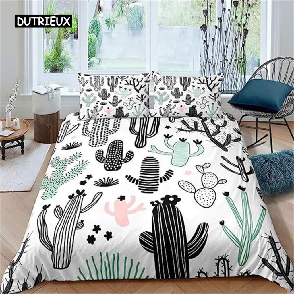 Cartoon Cactus Duvet Cover Green Plants Succulents Bedding Duvet Cover Kids Teens Nature Art Soft Microfiber Bedroom Decorative