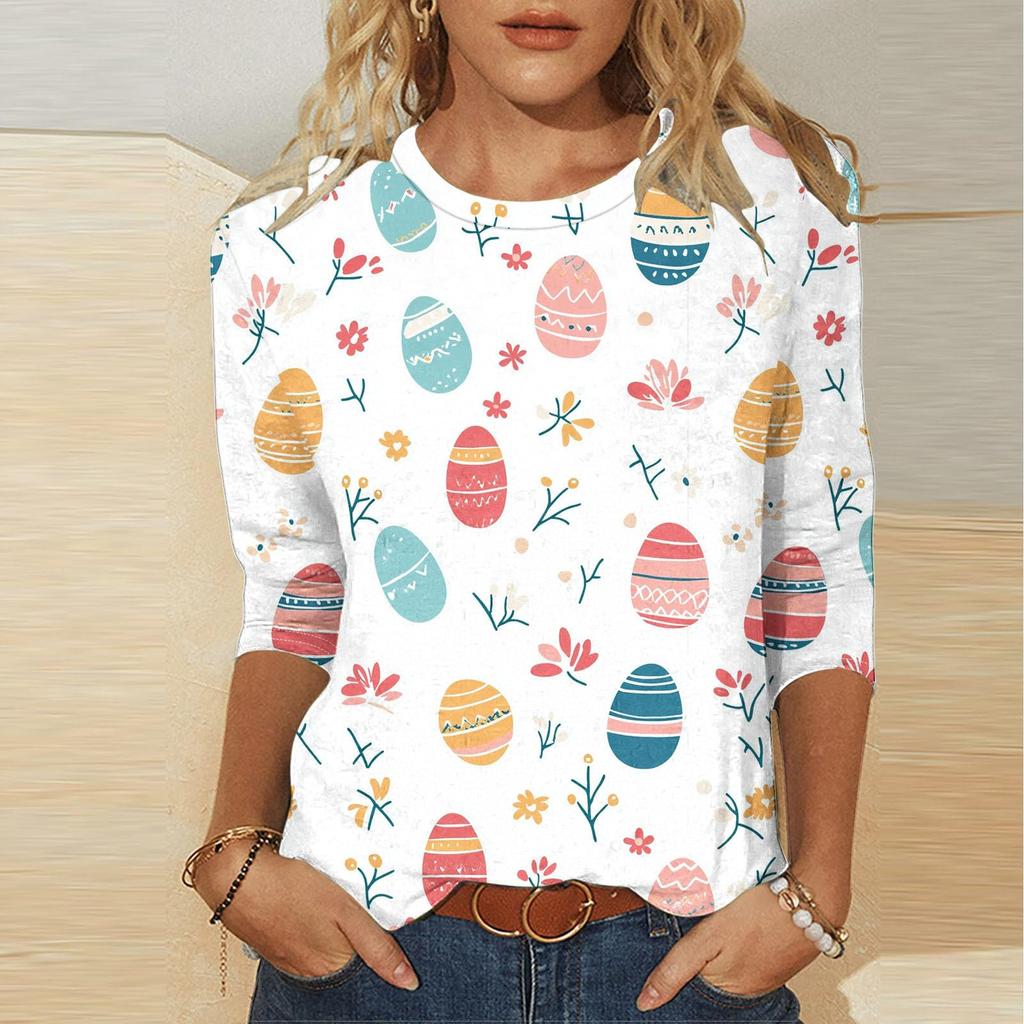 Women's -print loose 7-inch sleeve top
