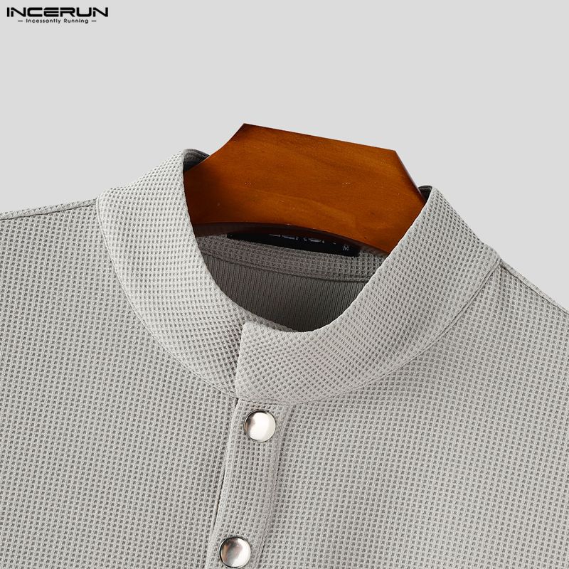 INCERUN Men Stand Neck Short Sleeve Solid Color Waffle Texture Casual Henley T-shirts Tops