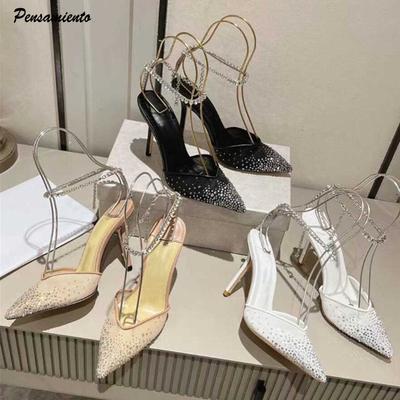 Moda Luxo Strass Malha Sapatos de Salto Femininos Sexy Tira no Tornozelo Pingente de Cristal Salto Alto Fino Moda Primavera Verão Casamento Formatura Sapatos