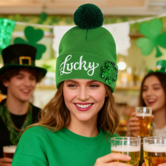 St. Patrick's Day Shamrock Hat Irish Cuffed Pom Knit Hat Green Sequins Clover Skull Cap for Women Men Party Costume Accessory