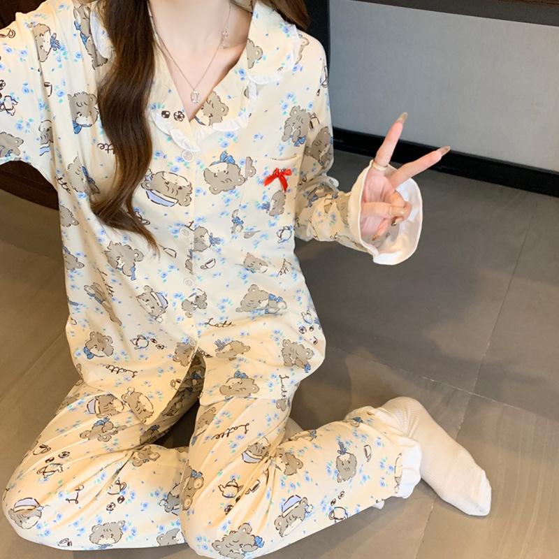 Ikko spring new pajamas women's imitation cotton edge lapel collar long-sleeved trousers loungewear can be worn outside