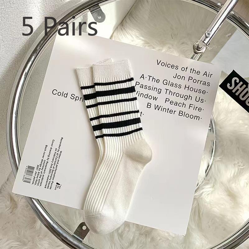5 Pairs of Female Spring and Summer New Embroidery Stripe Simple and Breathable In The Tube Pile Socks
