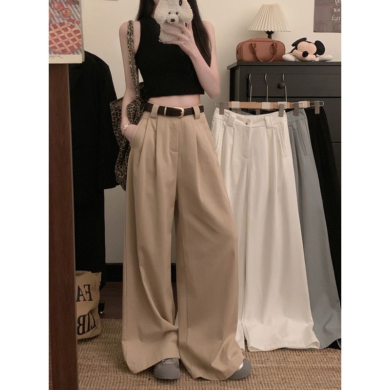 Kumikumi Solid High Waist Loose Casual Pants Wide Leg Pants Women Clothes Autumn Drape All-Match Straight Pants Mopping Pants