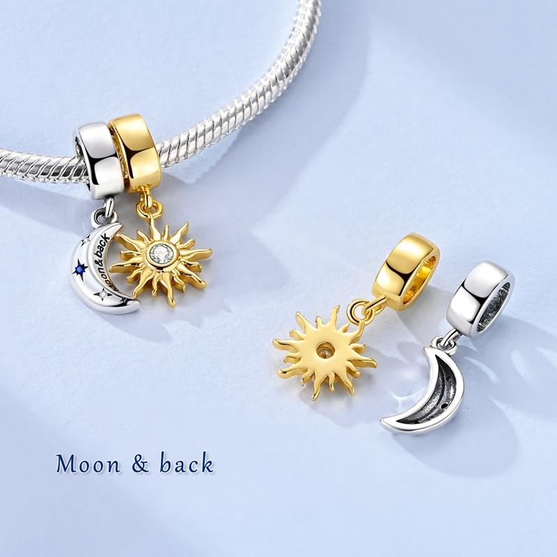 Original 925 Sterling Silver Charms Bead Gold Sun Moon Couple Pendant Fit Original Bracelet Necklace For Women DIY Jewelry Gift