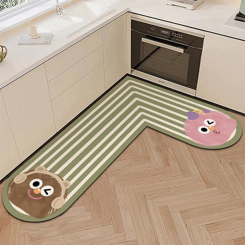 Kitchen Floor Mat with Water Oil Absorption L-shaped Diatomaceous Earth Floor Mat Household Cartoon Wear-resistant Anti Slip Mat