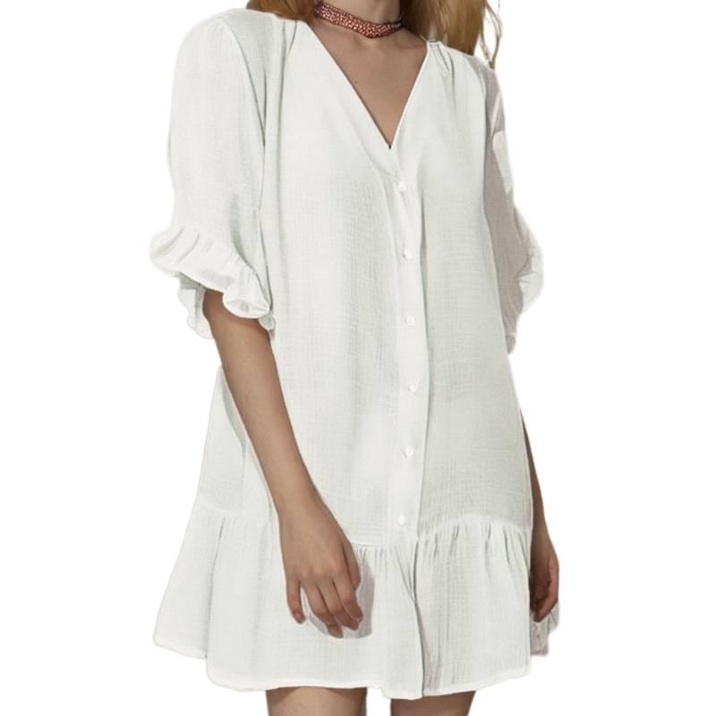 European & American Summer V-neck Ruffle Dress: Solid Color Beach Cover-up