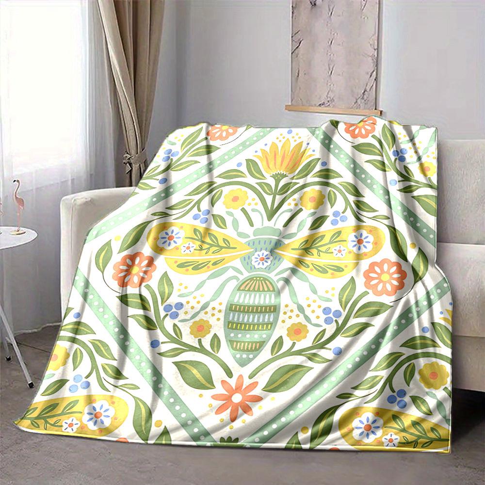 1pc Floral Bee Lightweight Flannel Blanket, Comfortable and Warm Blanket, for Office and Camping Sofa Bed139
