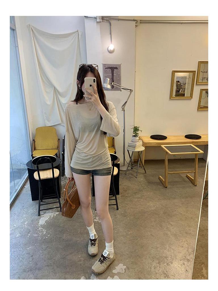 Korean Style Tie-Waist Long-Sleeved Off-Shoulder T-Shirt for Women - Autumn Edition