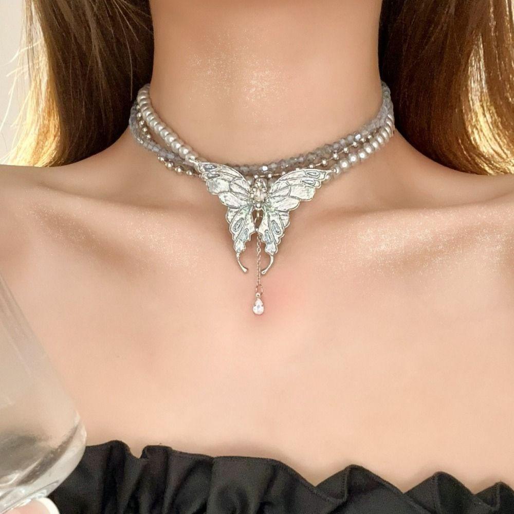 

Advanced Sense Butterfly Necklaces Pearl Multilayered Choker 3 Layer Beaded Necklaces Girls Necklaces