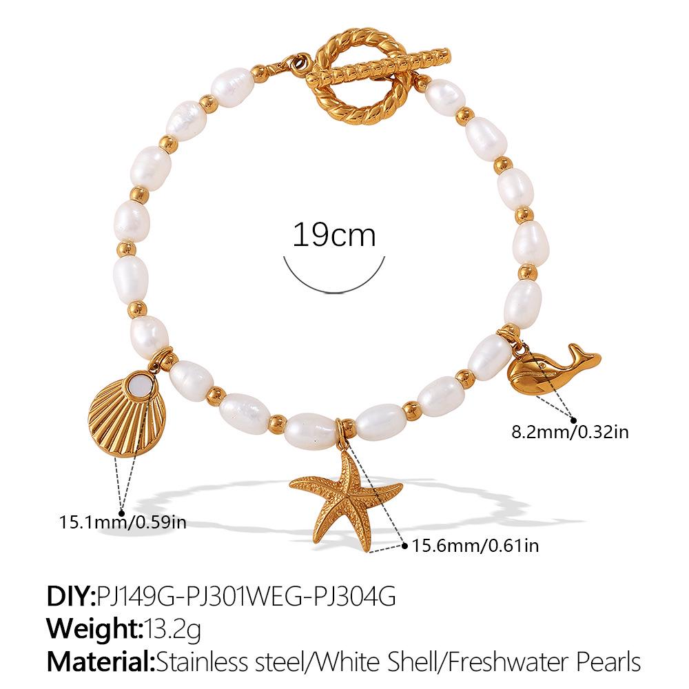 Elegant Pearl and Stainless Steel Beach-Style Necklace & Bracelet Set for Women