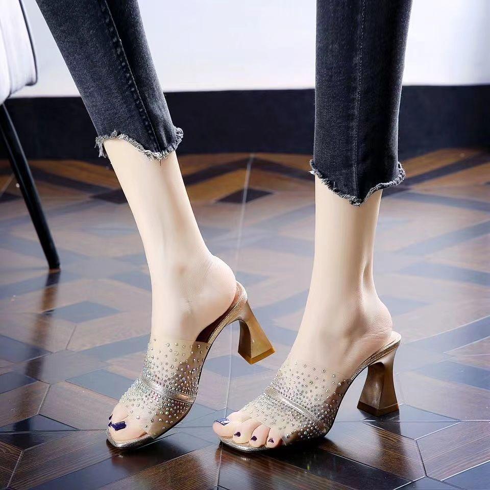 Fashion Mesh Heeled Shoes Open Toe Rhinestone Women's Slippers and Ladies Sandals Chic Elegant 2025 Trend Easy Wears New Style 39 Slides