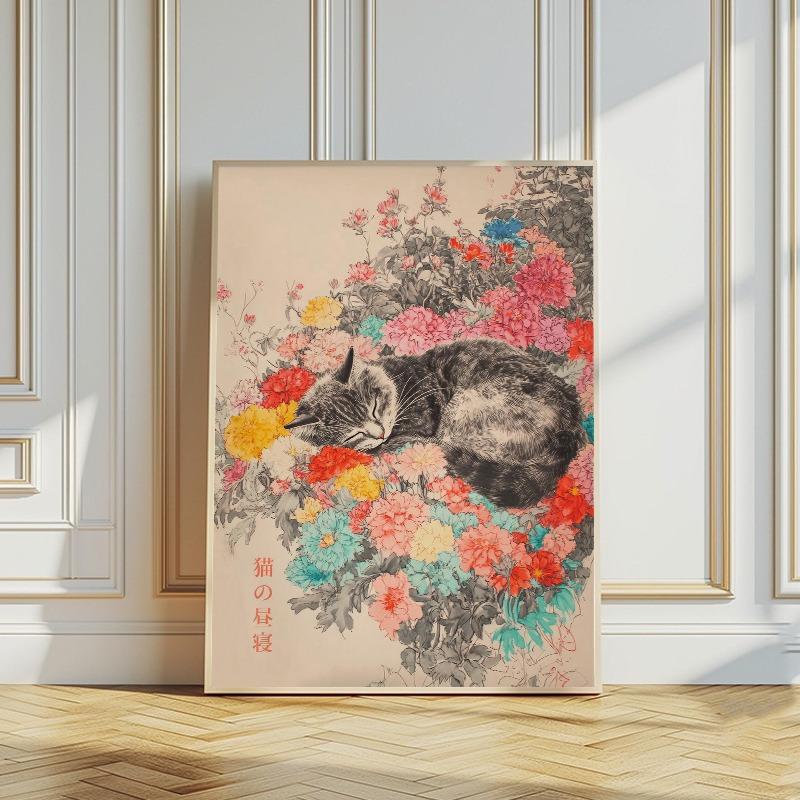 Japanische Florale Katze Nickerchen Vintage Botanische Poster und Drucke Leinwanddruck Wandkunst Bild für Wohnzimmer Heimdekoration
