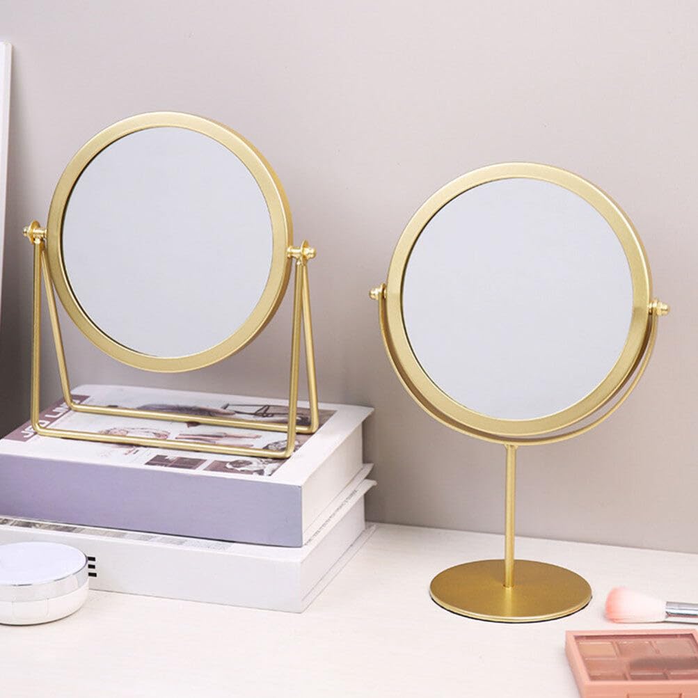LALAFINA Tabletop Stand Mirror, Round, Compact Design with Stable Base, for Dressers, Gold, 27 x 19 x 10 cm