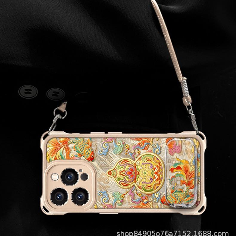 Koi Gourd Is Suitable for Apple 13Pro Mobile Phone Case 16 Lanyard 15p Leather Pattern 14 Anti-drop 13 Simple 12 Bracket Case